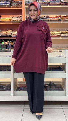 Büyük Çiçek Detaylı Triko Tunik Bordo/12550 - Thumbnail