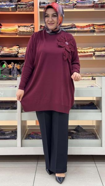 Büyük Çiçek Detaylı Triko Tunik Bordo/12550