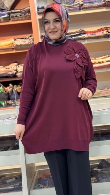 Büyük Çiçek Detaylı Triko Tunik Bordo/12550 - Thumbnail