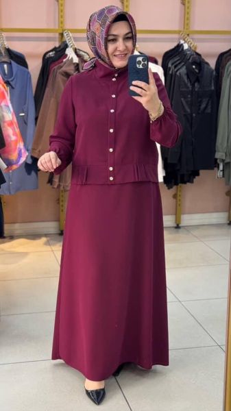 Büzgü Ve Düğme Detyalı Ceketli Takım Bordo/27140