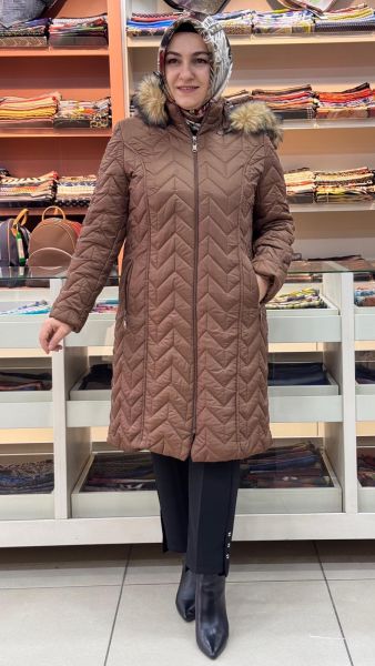 Çavuş Desenli Kısa Şişme Kaban Taba/6105