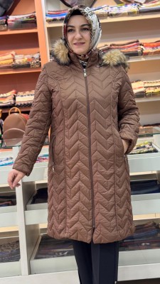 Çavuş Desenli Kısa Şişme Kaban Taba/6105 - Thumbnail