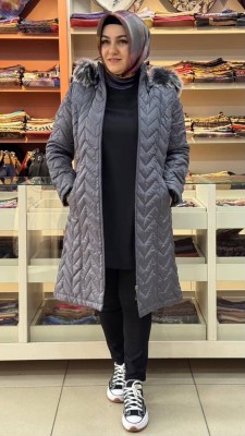 Janset - Çavuş Desenli Kısa Şişme Kaban Gri/6105