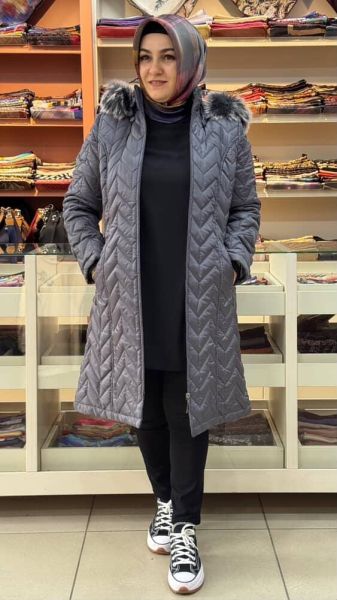 Çavuş Desenli Kısa Şişme Kaban Gri/6105