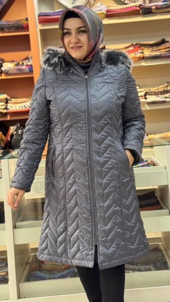 Çavuş Desenli Kısa Şişme Kaban Gri/6105