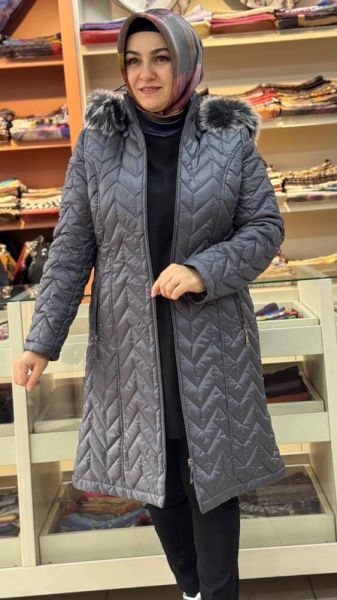 Çavuş Desenli Kısa Şişme Kaban Gri/6105