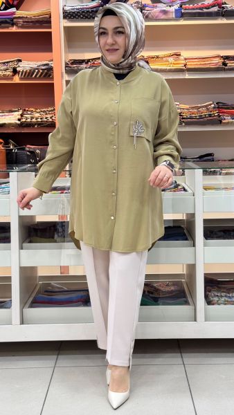 Cebi Taş Detaylı Düğmeli Tunik Fıstık Yeşili/10763