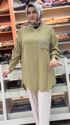 Cebi Taş Detaylı Düğmeli Tunik Fıstık Yeşili/10763 - Thumbnail