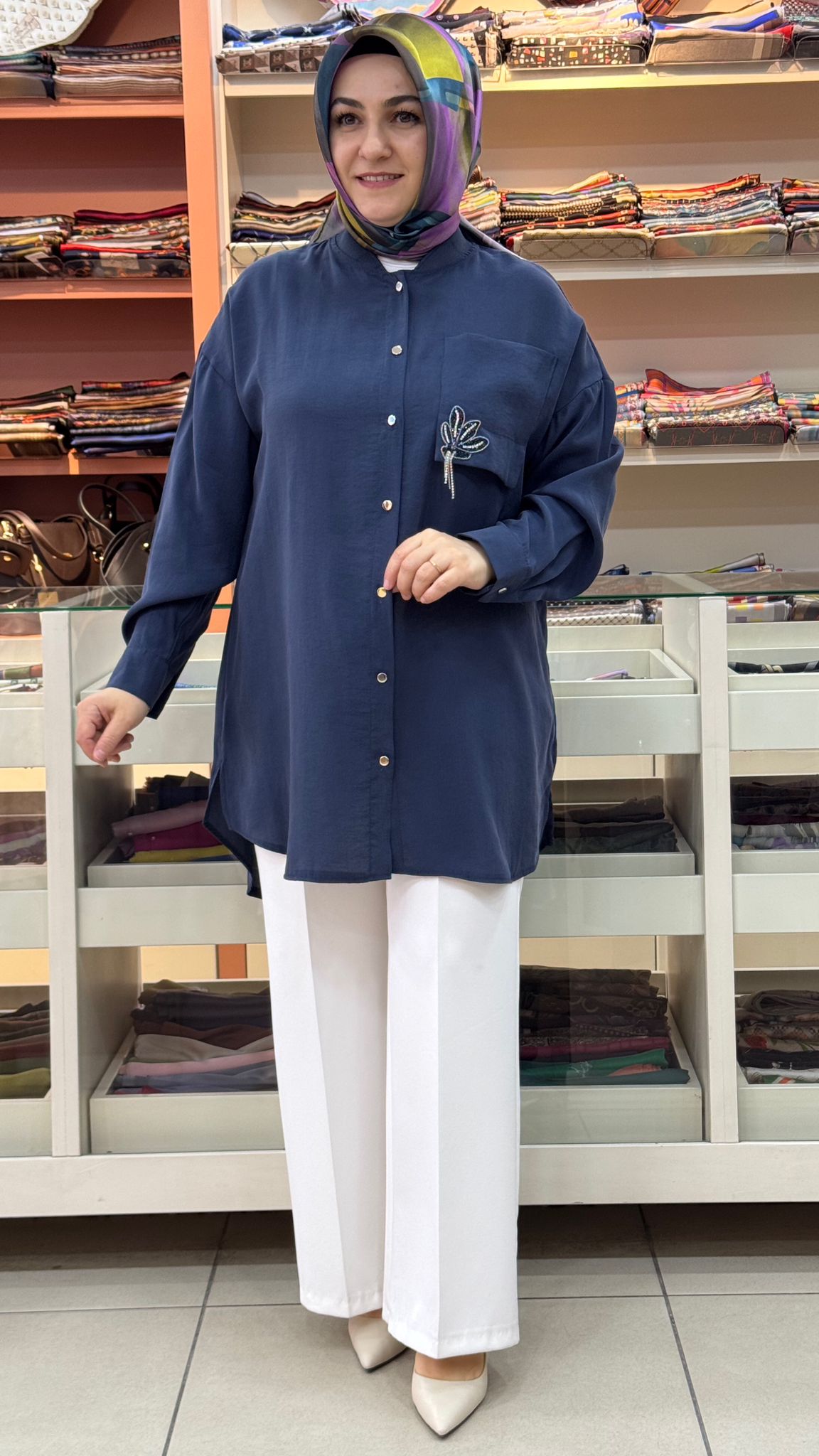 Puane - Cebi Taş Detaylı Düğmeli Tunik Lacivert/10763
