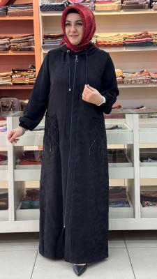 sar moda - Cebi Taş Detaylı Kapşonlu Ferace Siyah/9024