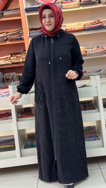 Cebi Taş Detaylı Kapşonlu Ferace Siyah/9024