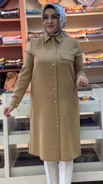 Cebi Taş Detaylı Kumaşı Çizgili Tunik Hardal/60001