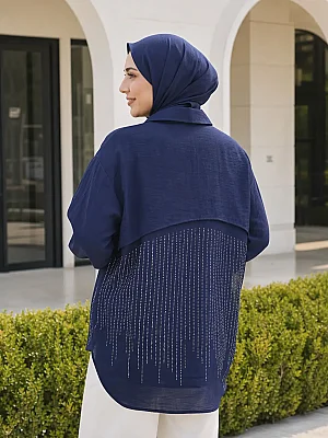 GÜNER - Cebi Ve Arkası Taş Detaylı Tunik Lacivert/8707 