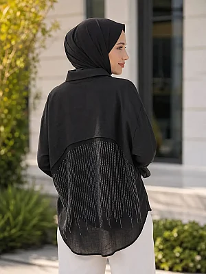 GÜNER - Cebi Ve Arkası Taş Detaylı Tunik Siyah/8707 