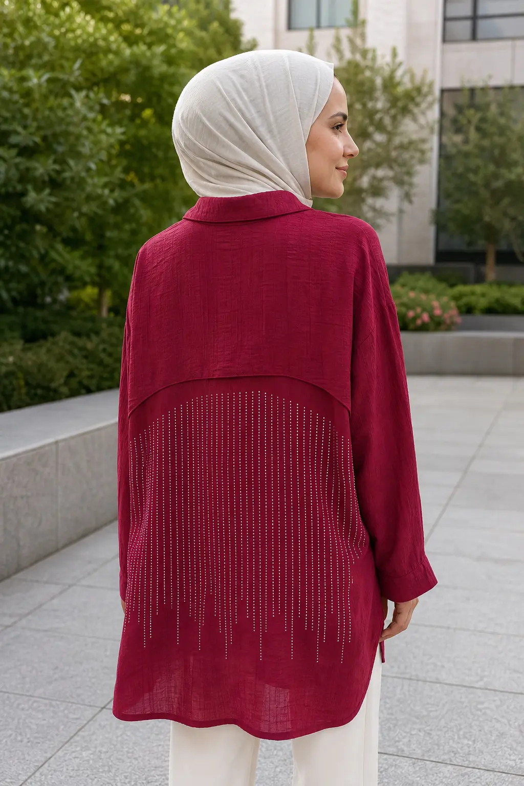 GÜNER - Cebi Ve Arkası Taş Detaylı Tunik Bordo/8707