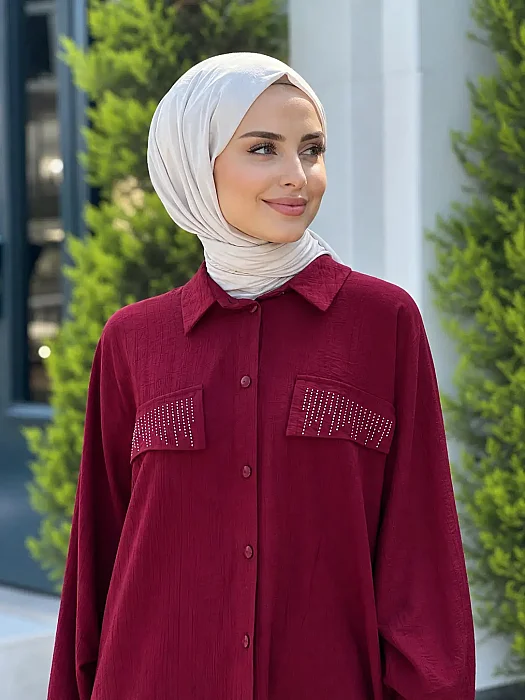Cebi Ve Arkası Taş Detaylı Tunik Bordo/8707 - Thumbnail