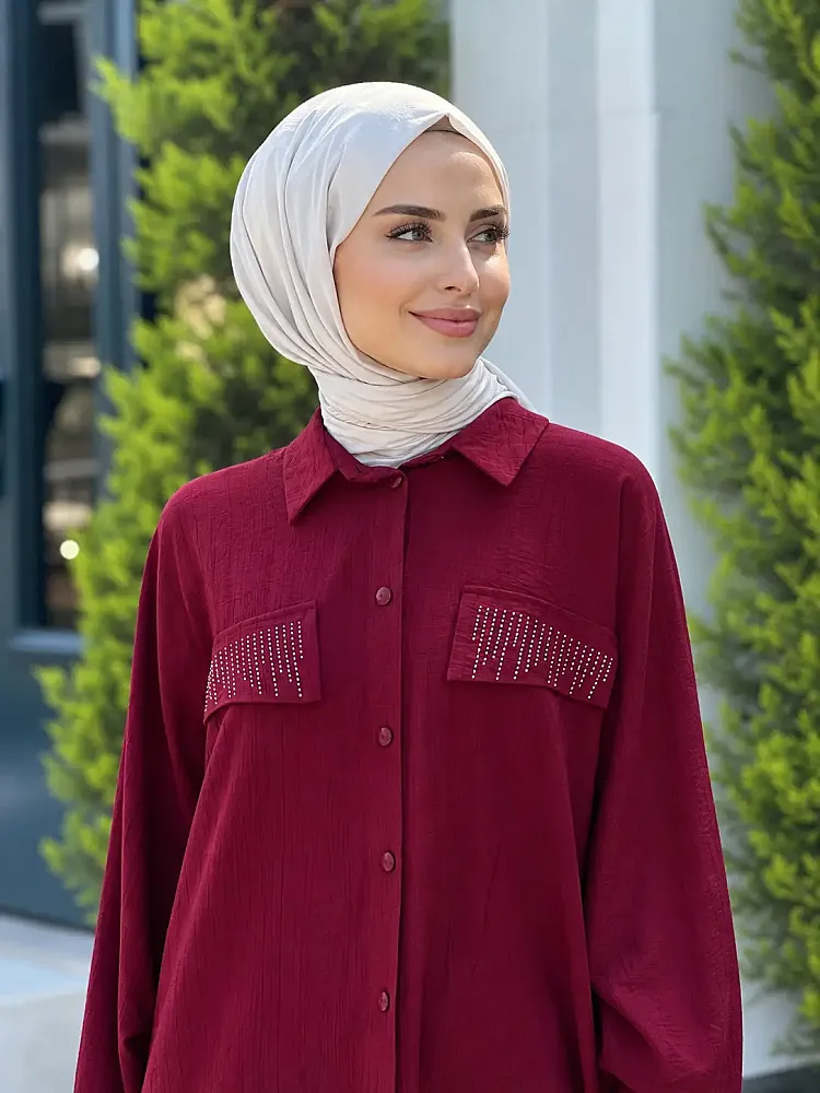 Cebi Ve Arkası Taş Detaylı Tunik Bordo/8707