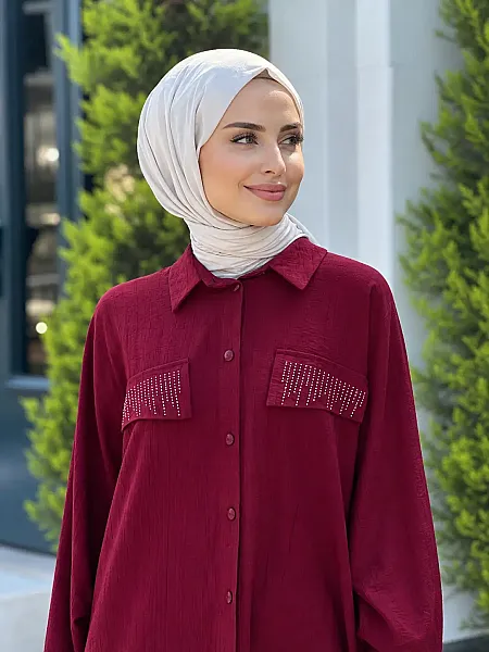 Cebi Ve Arkası Taş Detaylı Tunik Bordo/8707