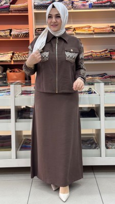 ESSE - Cebi Ve Kolları Desenli Etekli Takım Kahverengi/3030