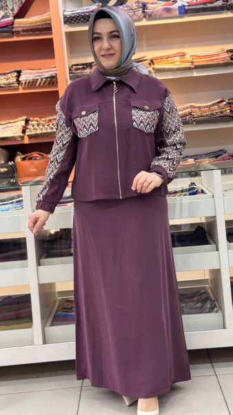 Cebi Ve Kolları Desenli Etekli Takım Bordo/3030