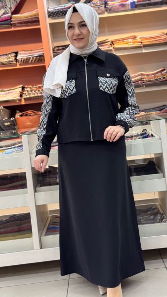Cebi Ve Kolları Desenli Etekli Takım Siyah/3030