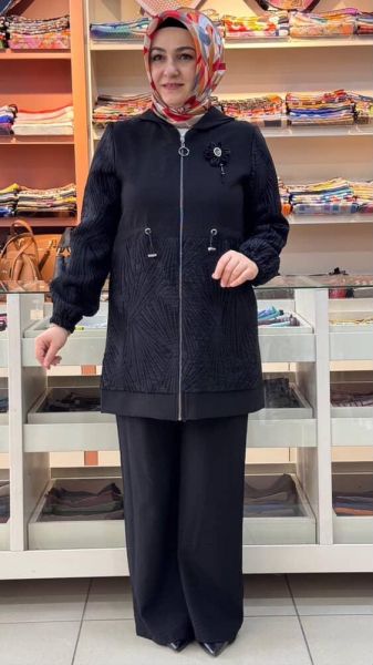Ceketi Broş Detaylı Kabartmalı Takım Siyah/10081