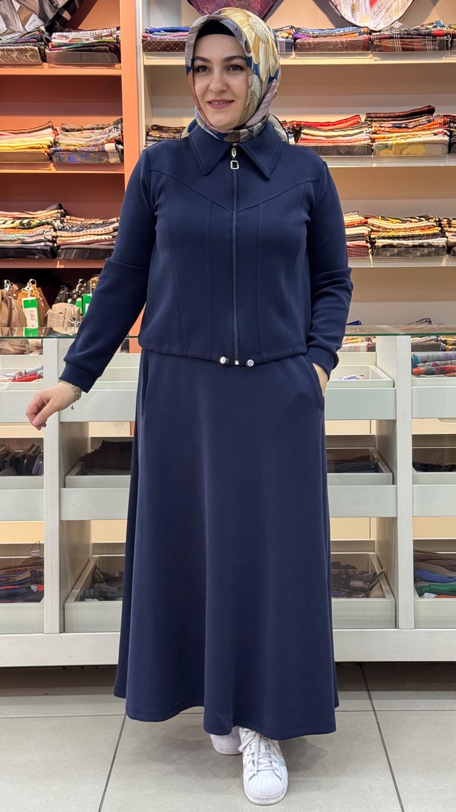 Kado - Ceketi Büzgü Detaylı Etekli Takım Lacivert/257605