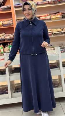 Ceketi Büzgü Detaylı Etekli Takım Lacivert/257605 - Thumbnail