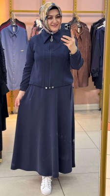 Ceketi Büzgü Detaylı Etekli Takım Lacivert/257605 - Thumbnail