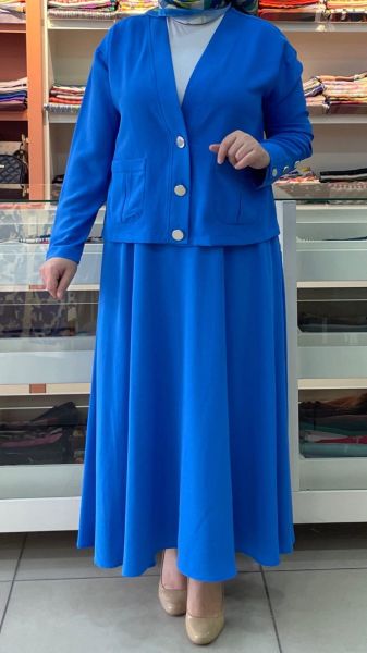 Ceketi Cep Detaylı Etekli Takım Mavi/14224