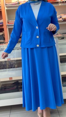 Ceketi Cep Detaylı Etekli Takım Mavi/14224 - Thumbnail