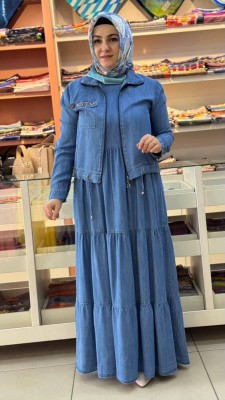 Ceketli Kot Elbise Mavi/84571 - Thumbnail