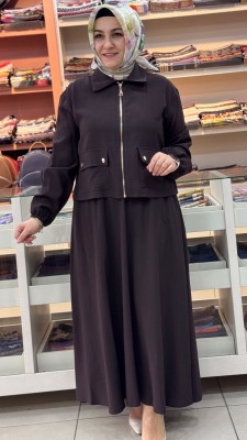 Cep Detaylı Etekli Takım Acı Kahve/14436 - Thumbnail