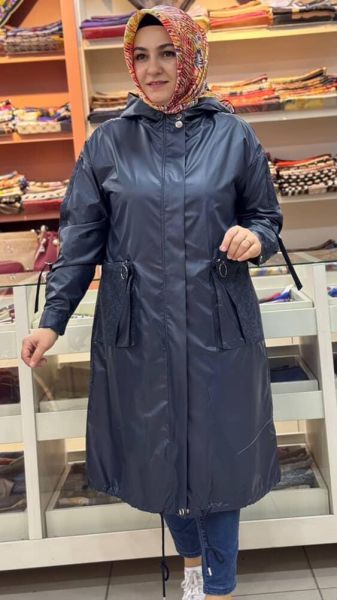 Cep Detaylı Kolu Kemerli Yağmurluk Lacivert/10851