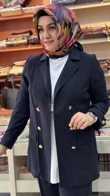 Cep Görünümlü Düğme Detaylı Blazer Ceketli Takım Siyah/6194 - Thumbnail