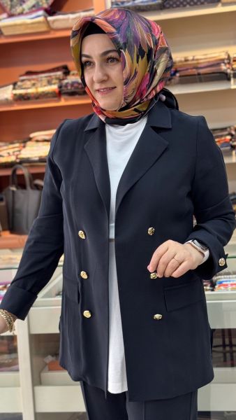 Cep Görünümlü Düğme Detaylı Blazer Ceketli Takım Siyah/6194