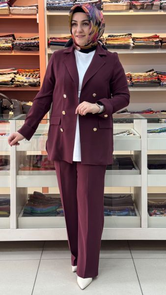 Cep Görünümlü Düğme Detaylı Blazer Ceketli Takım Bordo/6194