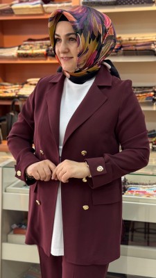 Cep Görünümlü Düğme Detaylı Blazer Ceketli Takım Bordo/6194 - Thumbnail