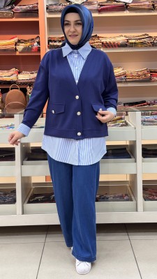 Cep Görünümlü Düğme Detaylı Çizgili Tunik Mavi/170286 - Thumbnail