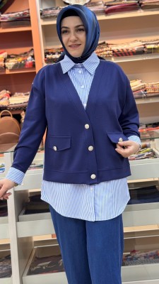 Cep Görünümlü Düğme Detaylı Çizgili Tunik Mavi/170286 - Thumbnail