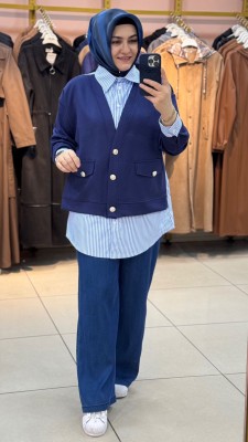 Cep Görünümlü Düğme Detaylı Çizgili Tunik Mavi/170286 - Thumbnail