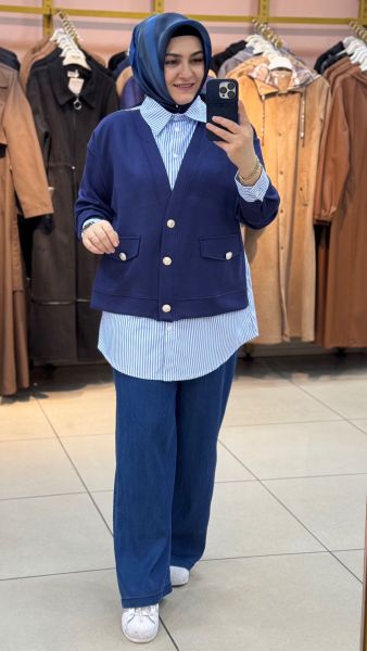 Cep Görünümlü Düğme Detaylı Çizgili Tunik Mavi/170286