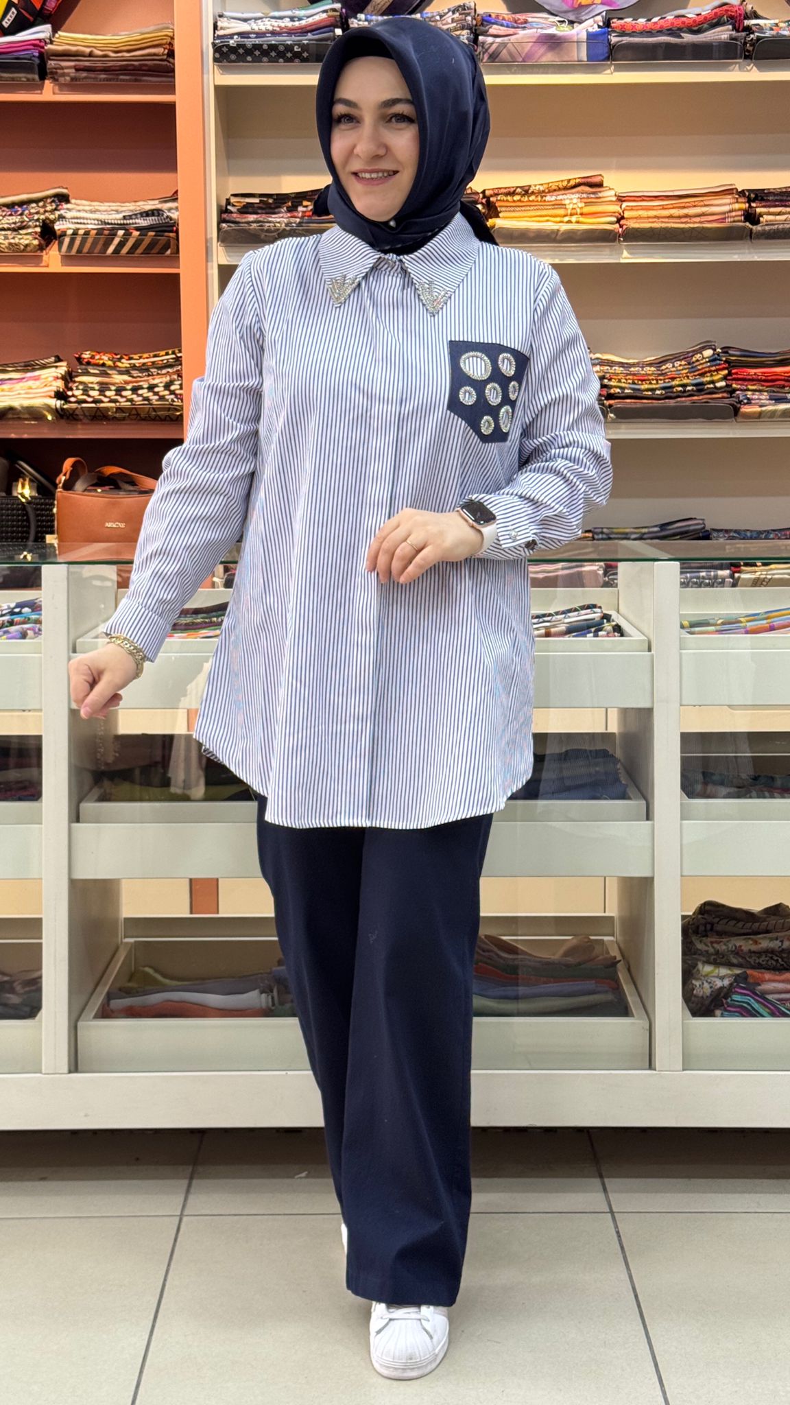 orhan - Cep Görünümlü Taş Detaylı Çizgili Tunik Mavi/1353