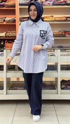 orhan - Cep Görünümlü Taş Detaylı Çizgili Tunik Mavi/1353