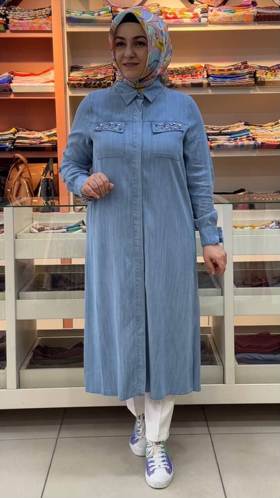 Selam - Cep Kapağı Taşlı Kot Tunik Açık Mavi/1480