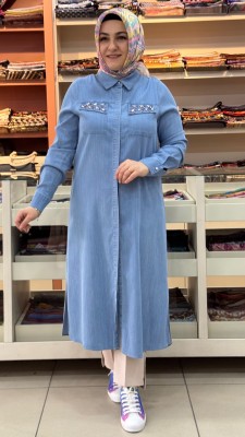 Selam - Cep Kapağı Taşlı Kot Tunik Açık Mavi/1480