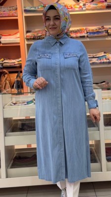 Cep Kapağı Taşlı Kot Tunik Açık Mavi/1480 - Thumbnail