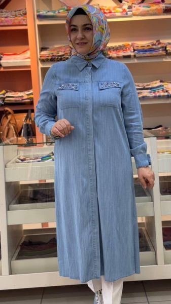Cep Kapağı Taşlı Kot Tunik Açık Mavi/1480