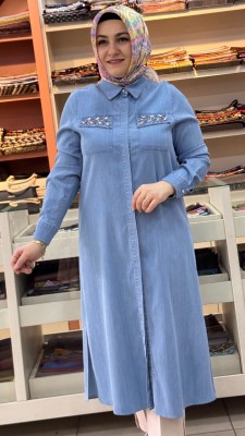 Cep Kapağı Taşlı Kot Tunik Açık Mavi/1480 - Thumbnail