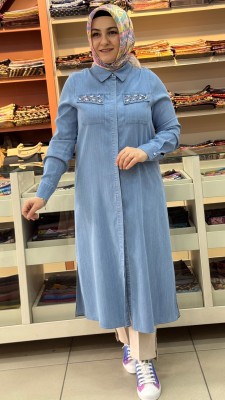 Cep Kapağı Taşlı Kot Tunik Açık Mavi/1480 - Thumbnail